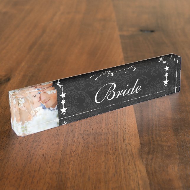 Porte-nom Photo Black Damask Bride Mariage Inséparable (Taille)