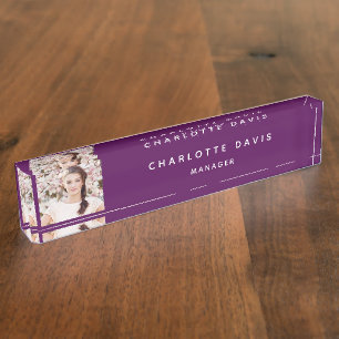 Porte-nom Photo violet blanc monogramme minimaliste