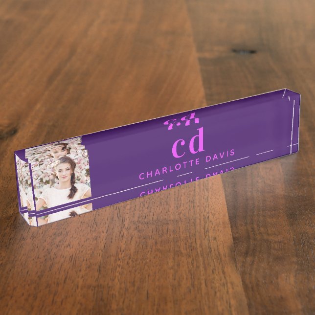 Porte-nom Photo violet rose monogramme initiales élégant (Taille)