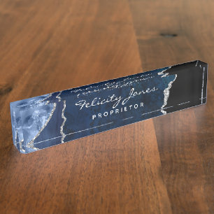 Porte-nom Pierre précieuse Agate Navy et Argent