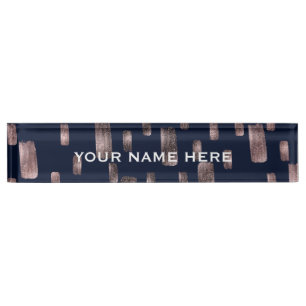 Porte-nom Pinceau Moderne Rose Gold et Bleu Nuit Pailleté