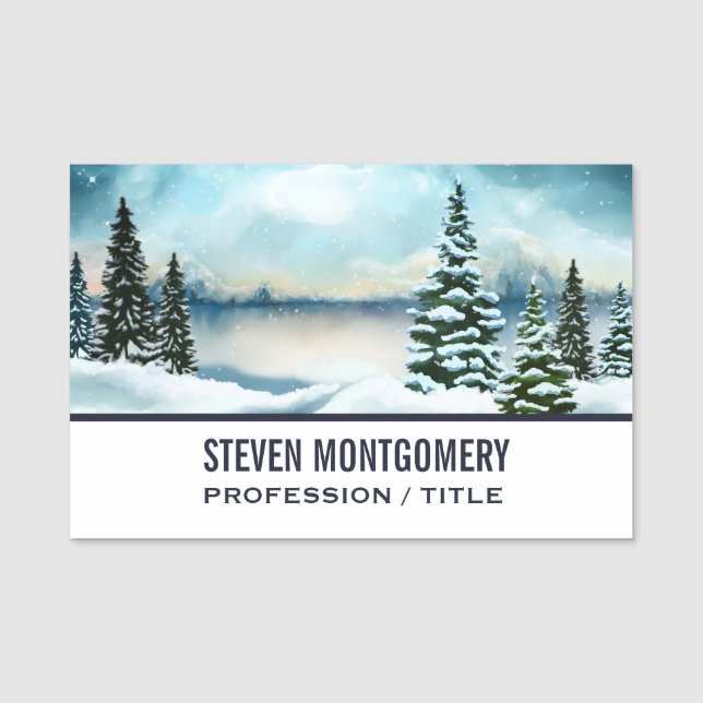 Porte-nom Pittoresque Winter Wonderland aquarelle peinture (Devant)