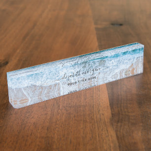 Porte-nom Plage Personnalisée Bleu Script élégant