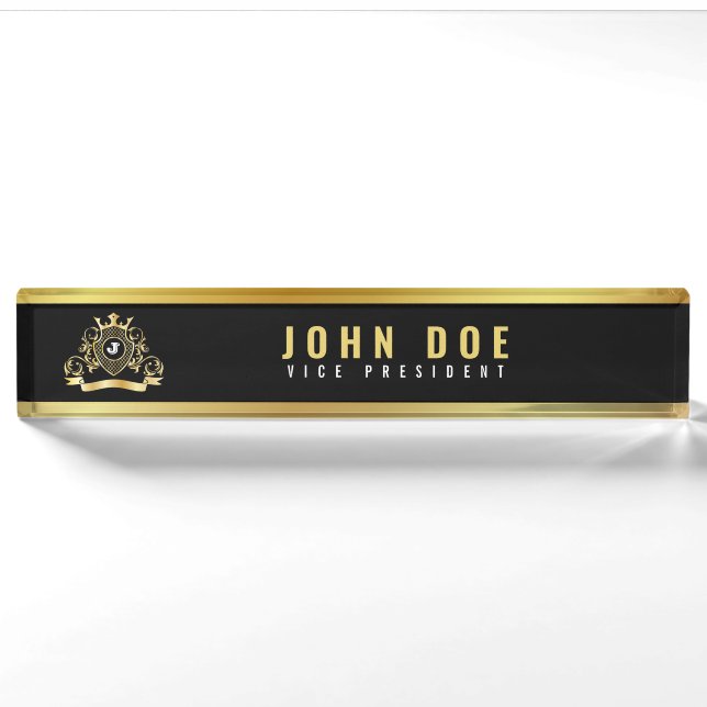 Porte-nom Plaque de bureau Noir Or avec Monogramme (Devant)