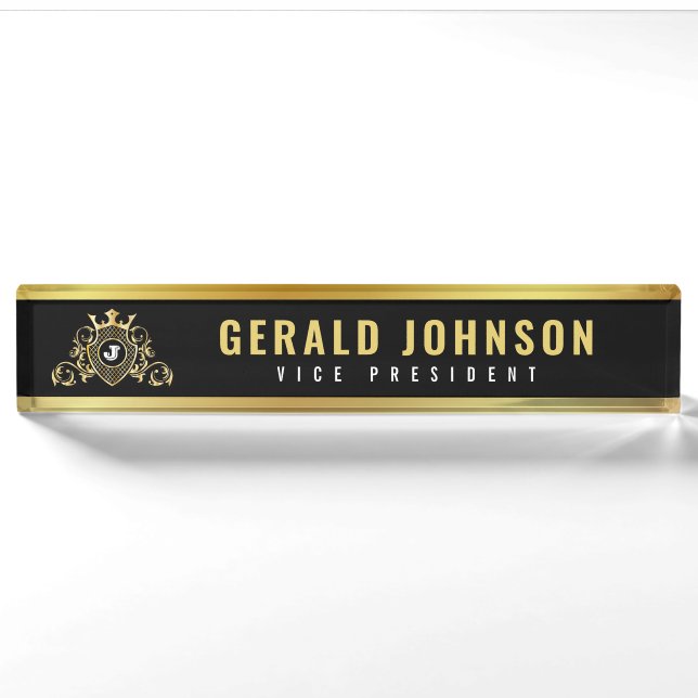 Porte-nom Plaque de bureau Noir Or avec Monogramme (Devant)