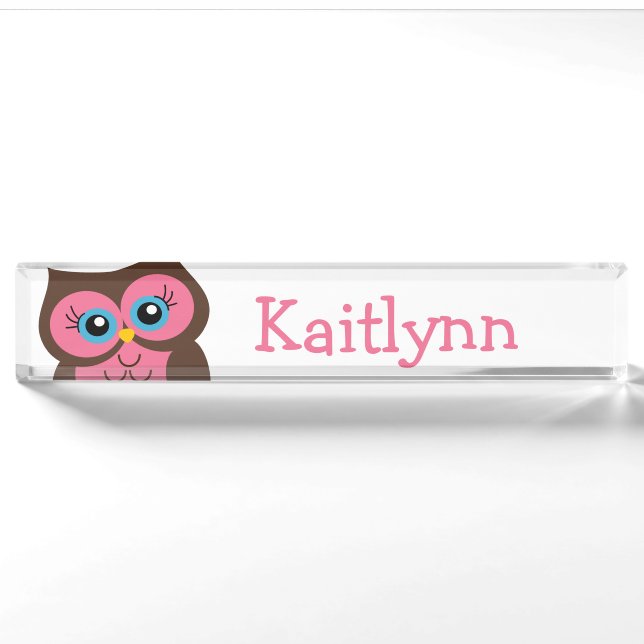 Porte-nom Plaque signalétique personnalisée par hibou rose (Devant)