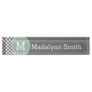 Porte-nom Pois Pastel Mint & Grey avec Monogramme personnali