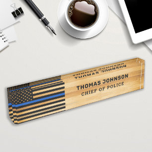 Porte-nom Policier Russe Mince Ligne Bleue Drapeau Bois