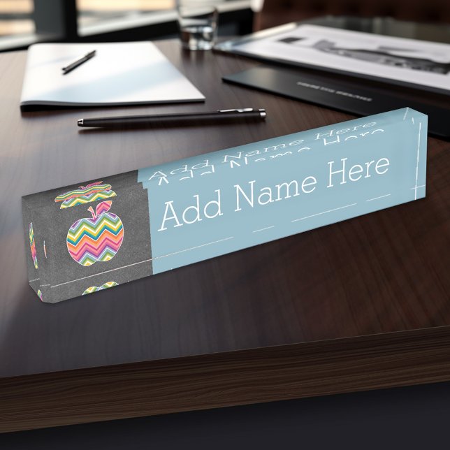 Porte-nom Pomme enseignant personnalisée avec Motif Chevron  (Personalized Teacher Name Plate)