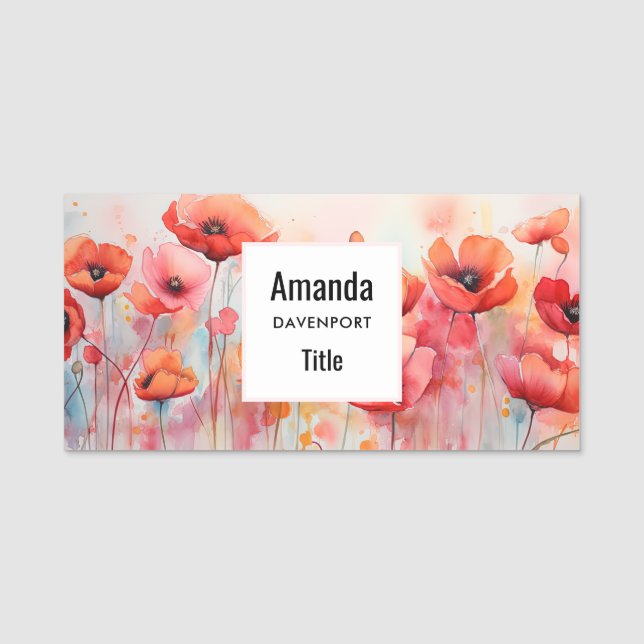 Porte-nom Poppies d'aquarelle rouge dans un champ (Devant)