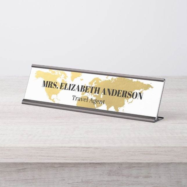 Porte-nom Pour Bureau Agence de voyage Gold World (Devant)