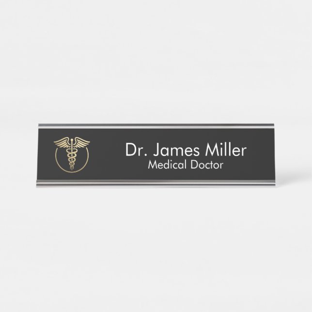 Porte-nom Pour Bureau Ajouter Votre Nom Médicale Caduceus Symbole Black  (Devant)