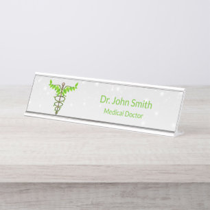 Porte-nom Pour Bureau Alternative Médicale Caduceus Vert Feuilles Blanc