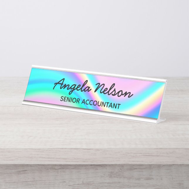 Porte-nom Pour Bureau Aqua Pink Iridescent Rainbow Wave Ombre (Devant)