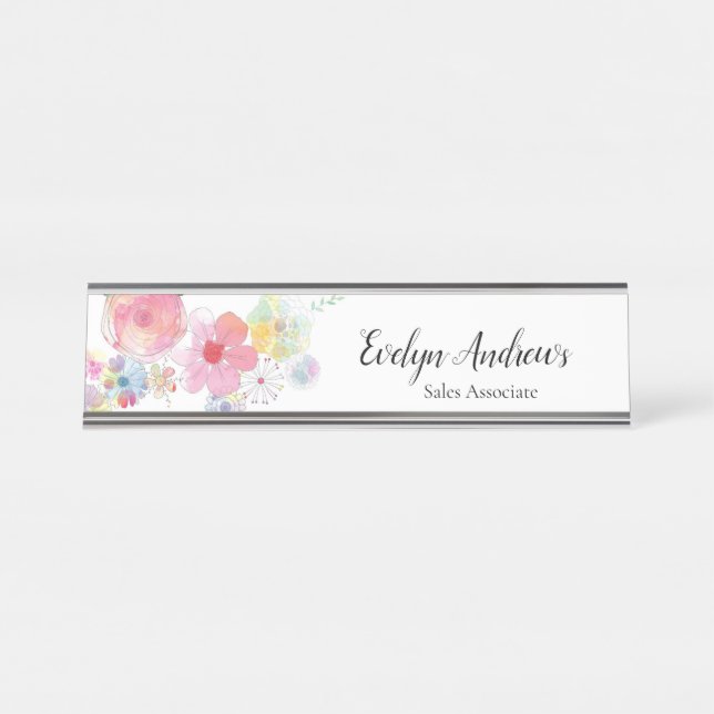 Porte-nom Pour Bureau Aquarelle Florale (Devant)