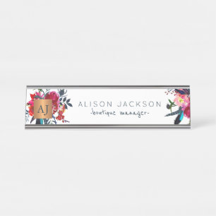 Porte-nom Pour Bureau Aquarelle marine rouge floral or cuivre monogrammé