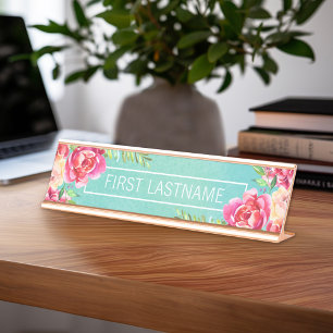 Porte-nom Pour Bureau Aquarelle peinte Fleurs Nom de calligraphie