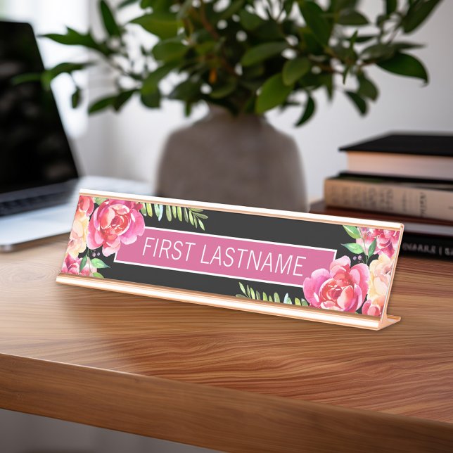 Porte-nom Pour Bureau Aquarelle peinte Fleurs Nom de calligraphie (Personalized Desk Sign with Name and Title - Custom Executive Name Plate)