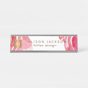 Porte-nom Pour Bureau Aquarelle rose floral or cuivre monogrammé