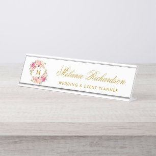 Porte-nom Pour Bureau Aquarelle rose Floral Wreath Or Monogramme