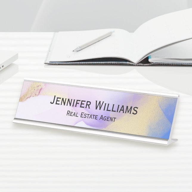 Porte-nom Pour Bureau Aquarelle violet or élégant Personnalisé (Créateur téléchargé)