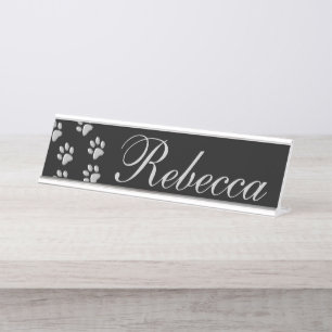Porte-nom Pour Bureau Arrière - plan noir Silver Dog Paws Motif d'impres