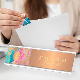 Porte-nom Pour Bureau Art moderne motif abstrait or turquoise monogrammé