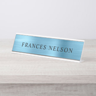 Porte-nom Pour Bureau Bébé bleu métallisé aspect sérif élégant