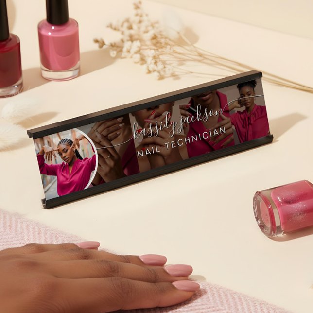 Porte-nom Pour Bureau Black Modern Photo Collage Script Calligraphie Nom (Black Modern Photo Collage Script Calligraphy Name Desk Name Plate)