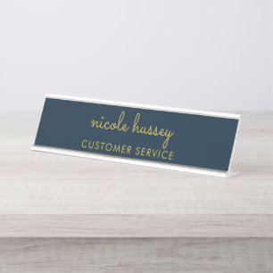 Porte-nom Pour Bureau Bleu Nuit Or Script    Monogramme Moderne Élégant