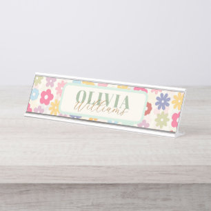 Porte-nom Pour Bureau Boho 70's Retro Daisy Flowers