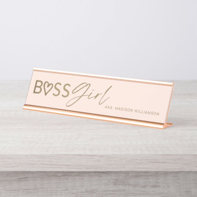 Porte-nom Pour Bureau Boss Girl Moderne Stylisée Rose & Or (Devant)