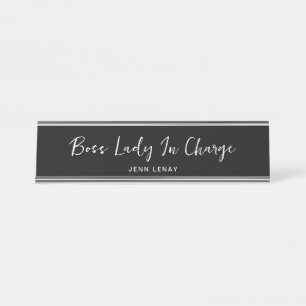 Porte-nom Pour Bureau Boss Lady Chic Script Personnalisé Noir Et Blanc