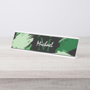 Porte-nom Pour Bureau Brosse nuances de nom vert avec monogramme