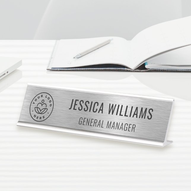 Porte-nom Pour Bureau Business Logo Employee Elegant Faux Brushed Silver (Créateur téléchargé)