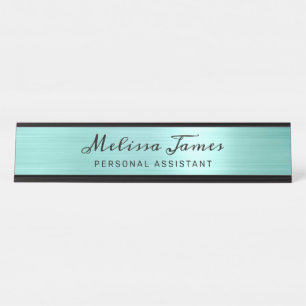 Porte-nom Pour Bureau Chic Aqua brossé métal noir Script