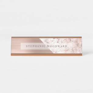 Porte-nom Pour Bureau Chic Rose or brossé métal marbre rose
