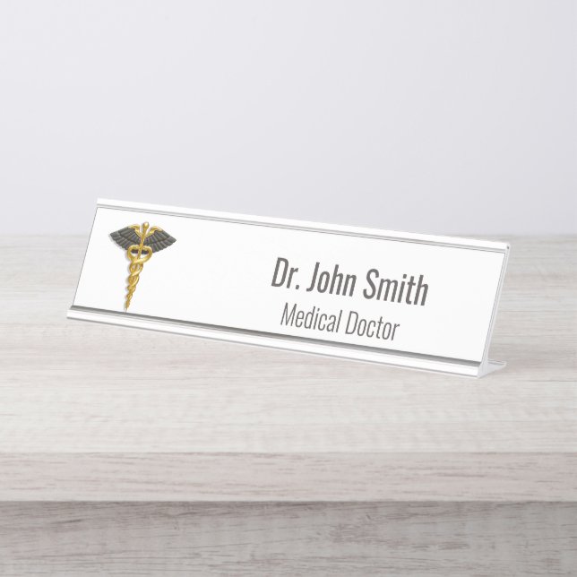 Porte-nom Pour Bureau Classé Médicale Elegant Gold Caduceus Black Wings (Devant)
