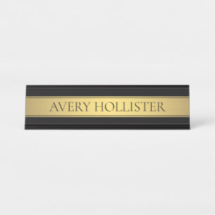Porte-nom Pour Bureau Classy Faux Gold Stripe & Black Arrière - plan ou