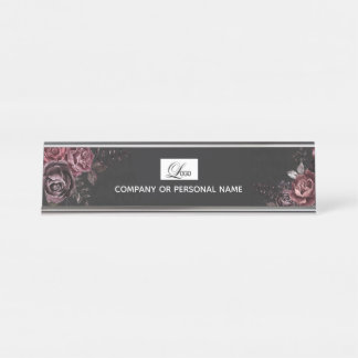 Porte-nom Pour Bureau Conception florale de rose noire romantique sombre