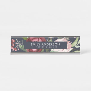 PORTE-NOM POUR BUREAU COULEUR D'EAU FLORALE DU PROTÉA DE BURGOUNDY ROSE