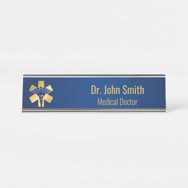 Porte-nom Pour Bureau Croix d'or bleue Médicale 3D Caduceus (Devant)