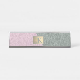 Porte-nom Pour Bureau Cuir Vert Rose Élégant Monogramme
