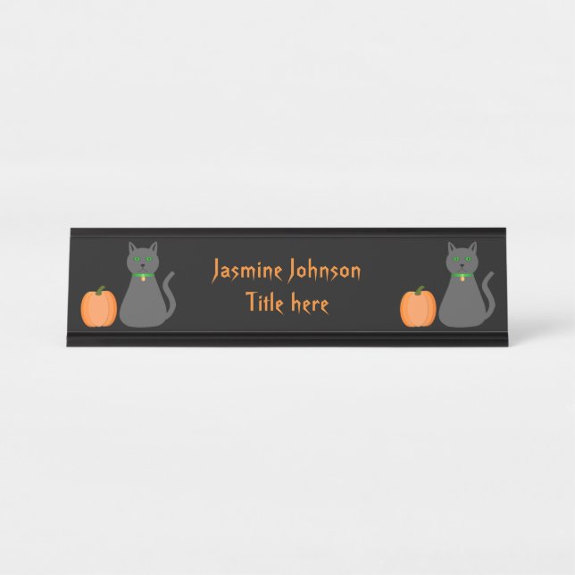 Porte-nom Pour Bureau Cute Halloween Chat et Citrouille Personnalisé (Devant)