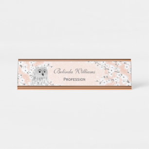 Porte-nom Pour Bureau Cute Owl Cerry Blossoms Rose Parties scintillant o