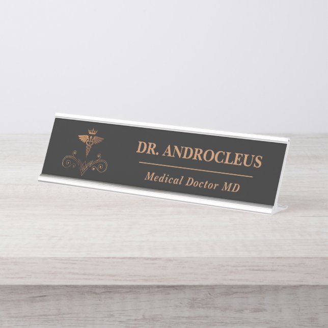 Porte-nom Pour Bureau Docteur Médicale Black Gold Caduceus (Devant)