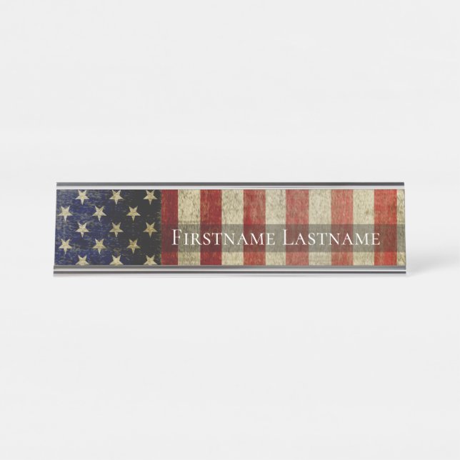 Porte-nom Pour Bureau Drapeau américain patiné, en détresse, portant le  (Devant)