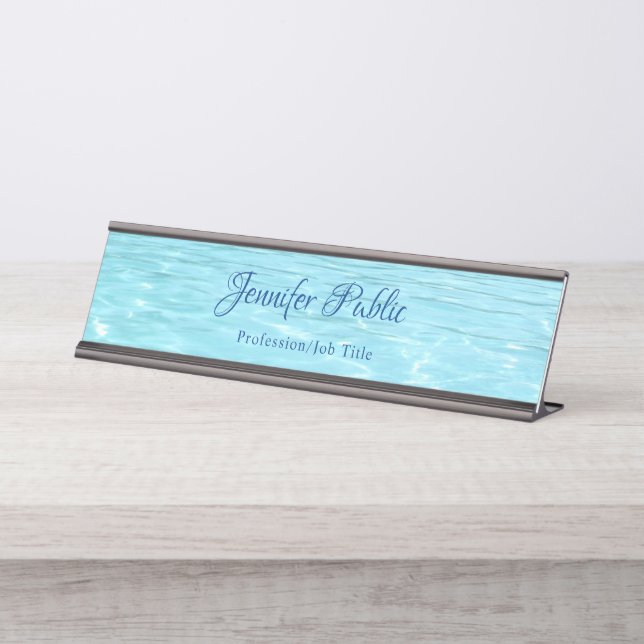 Porte-nom Pour Bureau Eau bleu élegant Aqua Modèle manuscrit (Devant)