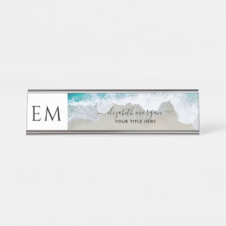 Porte-nom Pour Bureau Elégant Beach Blue Green Monogramme Professionnel