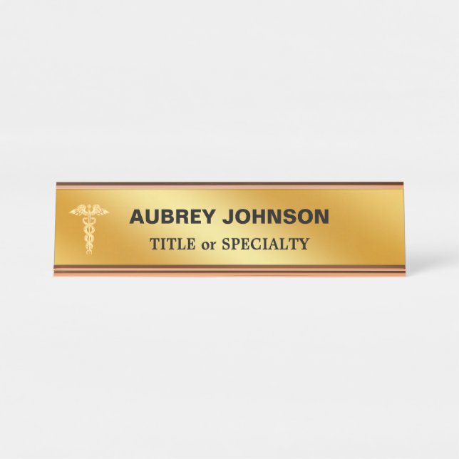 Porte-nom Pour Bureau Elégant Golden Caduceus sur Golden Gradient (Devant)